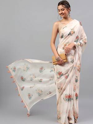 Off white organza printed saree with blouse 5