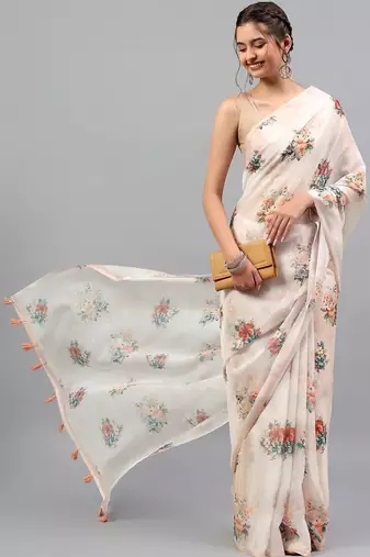 Off white organza printed saree with blouse