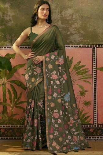 Olive linen printed saree with blouse