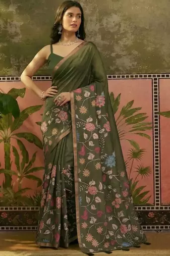 Olive linen printed saree with blouse