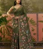 Olive linen printed saree with blouse