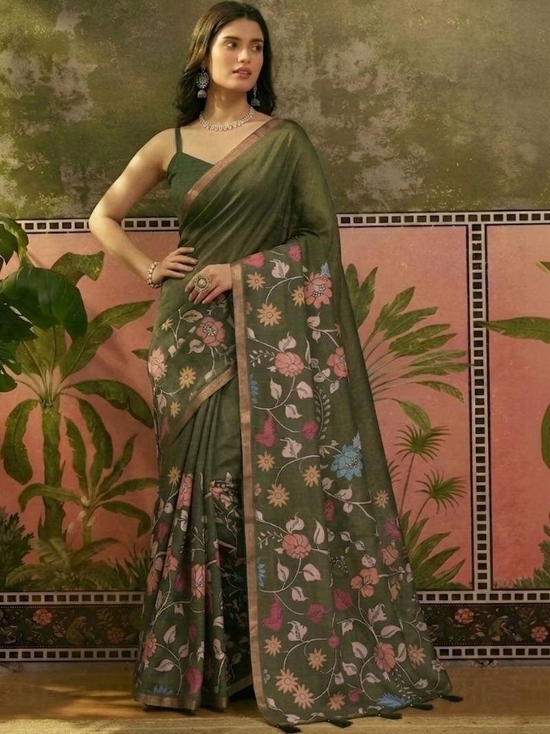 Olive linen printed saree with blouse
