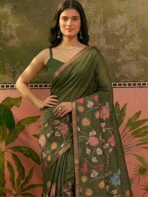 Olive linen printed saree with blouse 3