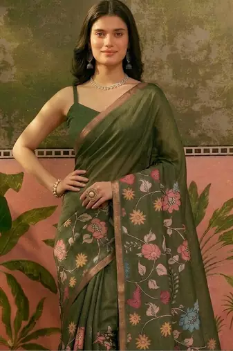 Olive linen printed saree with blouse