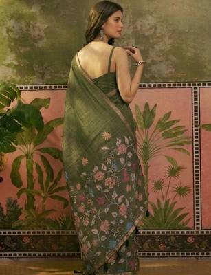 Olive linen printed saree with blouse 4