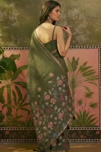 Olive linen printed saree with blouse