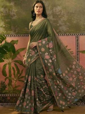 Olive linen printed saree with blouse 5