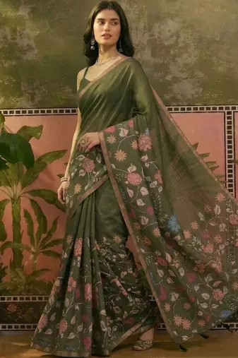 Olive linen printed saree with blouse