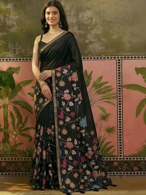 Navy blue linen printed saree with blouse 1