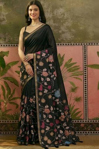 Navy blue linen printed saree with blouse