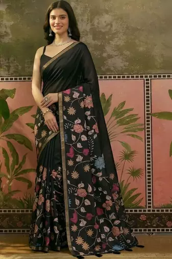 Navy blue linen printed saree with blouse