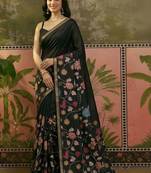 Navy blue linen printed saree with blouse