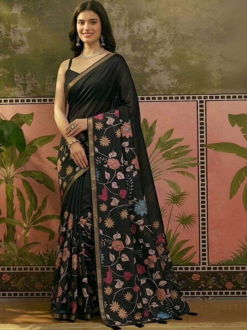 Navy blue linen printed saree with blouse