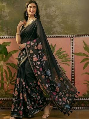 Navy blue linen printed saree with blouse 2