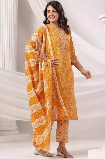 Women Bandhani Printed Regular Mirror Work Kurta Trousers With Dupatta