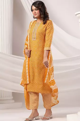 Women Bandhani Printed Regular Mirror Work Kurta Trousers With Dupatta