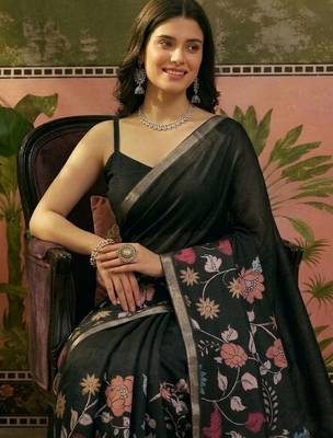 Navy blue linen printed saree with blouse 3