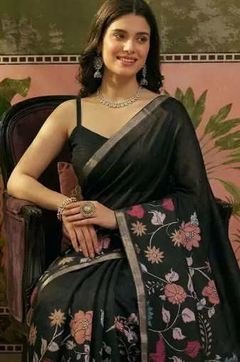 Navy blue linen printed saree with blouse