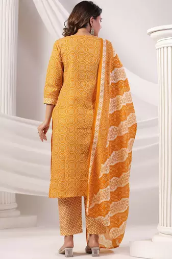 Women Bandhani Printed Regular Mirror Work Kurta Trousers With Dupatta