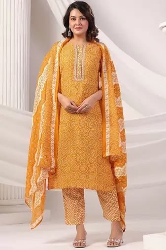 Women Bandhani Printed Regular Mirror Work Kurta Trousers With Dupatta