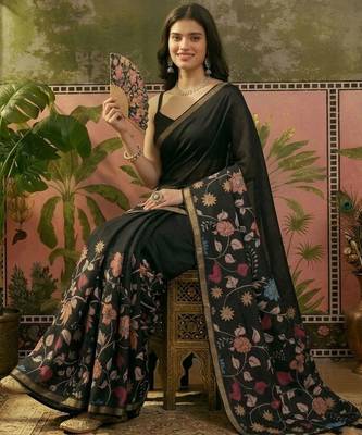 Navy blue linen printed saree with blouse 4