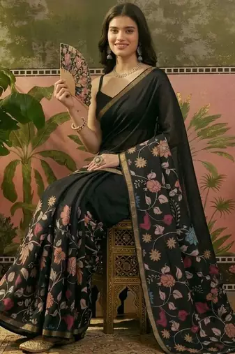Navy blue linen printed saree with blouse