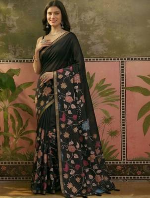 Navy blue linen printed saree with blouse 5