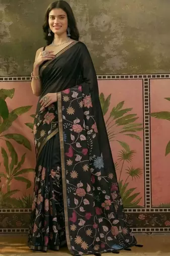 Navy blue linen printed saree with blouse