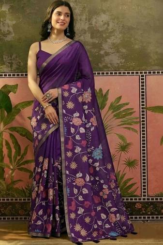 Purple linen printed saree with blouse