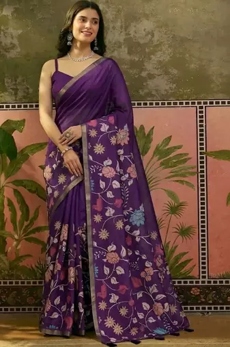 Purple linen printed saree with blouse