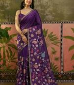 Purple linen printed saree with blouse