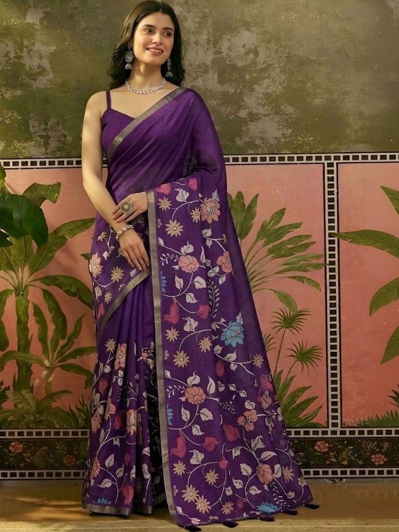 Purple linen printed saree with blouse