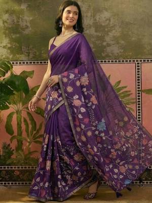 Purple linen printed saree with blouse 2