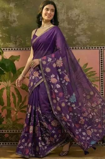 Purple linen printed saree with blouse