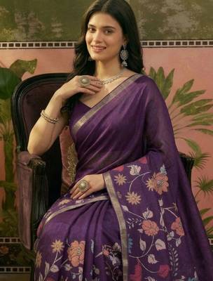 Purple linen printed saree with blouse 3