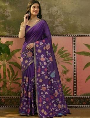 Purple linen printed saree with blouse 5