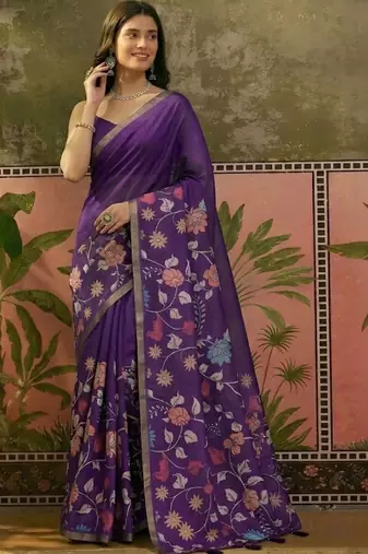 Purple linen printed saree with blouse