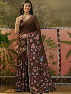 Brown linen printed saree with blouse 1