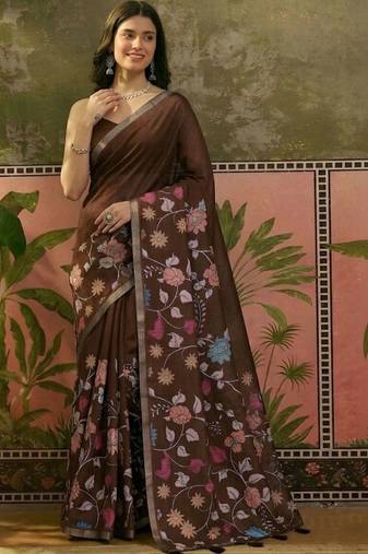 Brown linen printed saree with blouse
