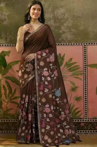Brown linen printed saree with blouse