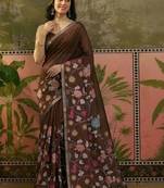 Brown linen printed saree with blouse
