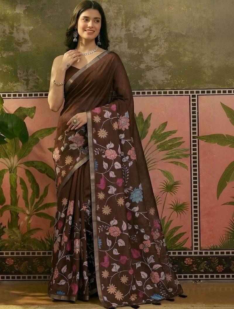 Brown linen printed saree with blouse