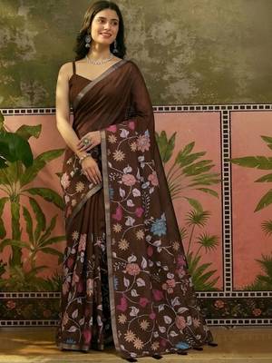 Brown linen printed saree with blouse 2