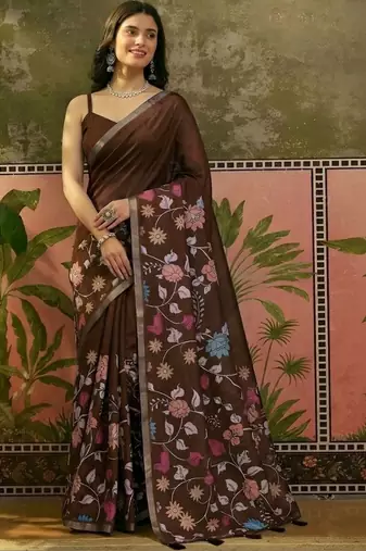 Brown linen printed saree with blouse