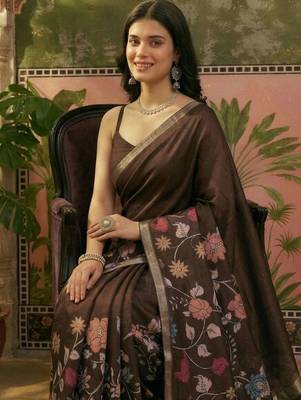 Brown linen printed saree with blouse 3