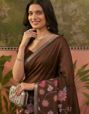 Brown linen printed saree with blouse 4