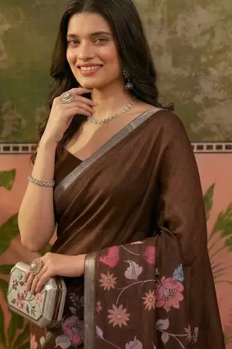 Brown linen printed saree with blouse