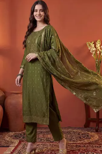 Women Ethnic Actual Woven design Regular Sequinned Kurta With Trousers & Dupatta