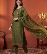 Women Ethnic Actual Woven design Regular Sequinned Kurta With Trousers & Dupatta