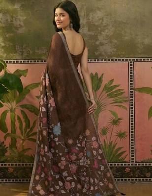 Brown linen printed saree with blouse 5